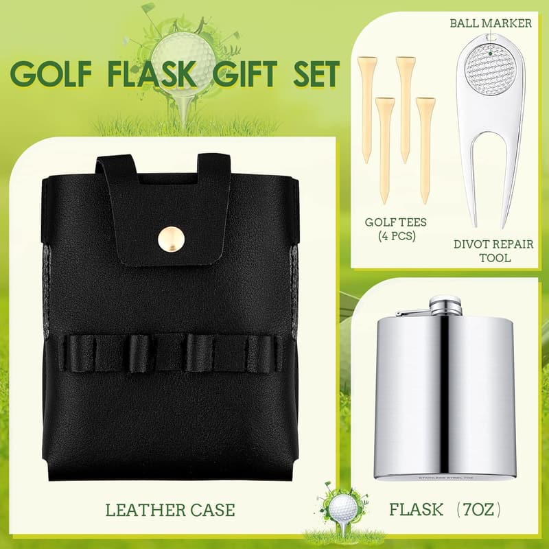 Golf Flask Gift Set - 7 oz Stainless Steel with Leather Case