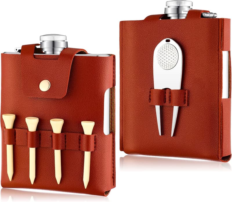 Golf Flask Gift Set with Leather Case - 7 oz Stainless Steel
