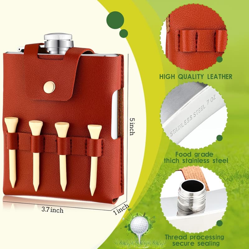 Golf Flask Gift Set with Leather Case - 7 oz Stainless Steel