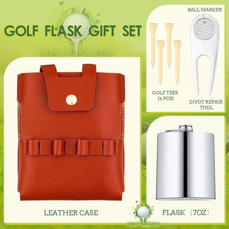 Golf Flask Gift Set with Leather Case - 7 oz Stainless Steel