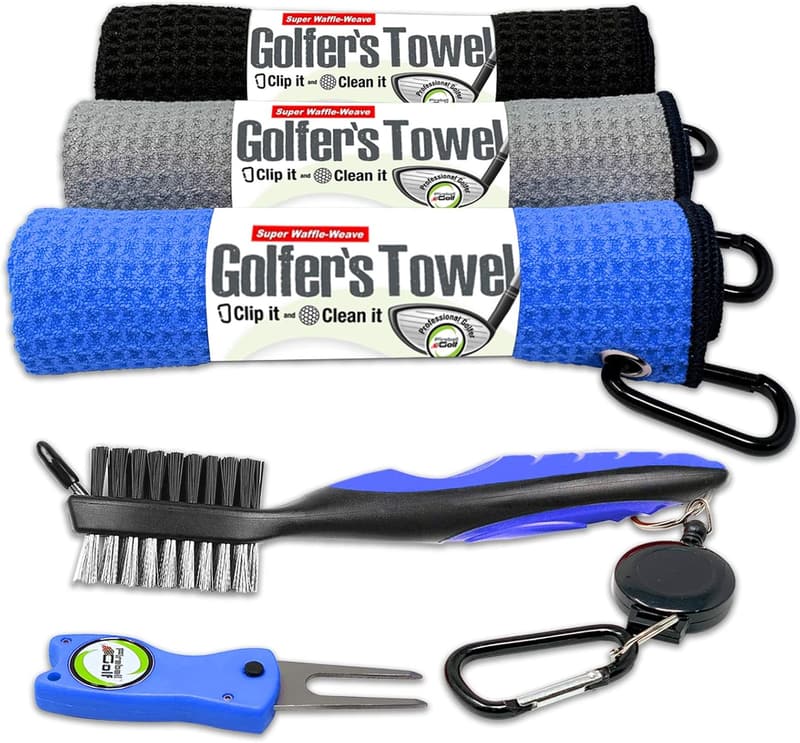 Golf Accessories Gift Set - 3 Towels, Divot Tool, Marker, Brush