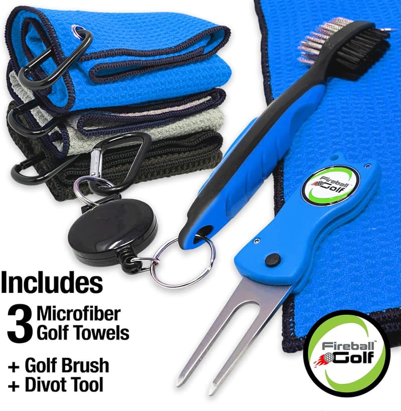 Golf Accessories Gift Set - 3 Towels, Divot Tool, Marker, Brush