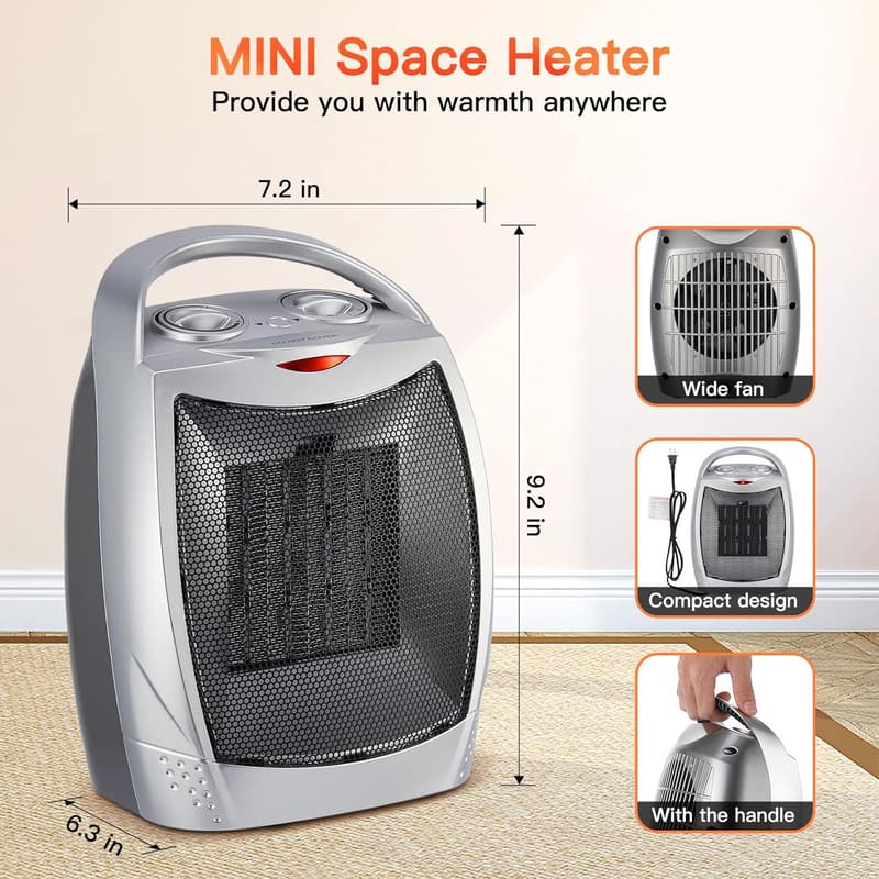 1500W Portable Electric Space Heater with Thermostat - Silver