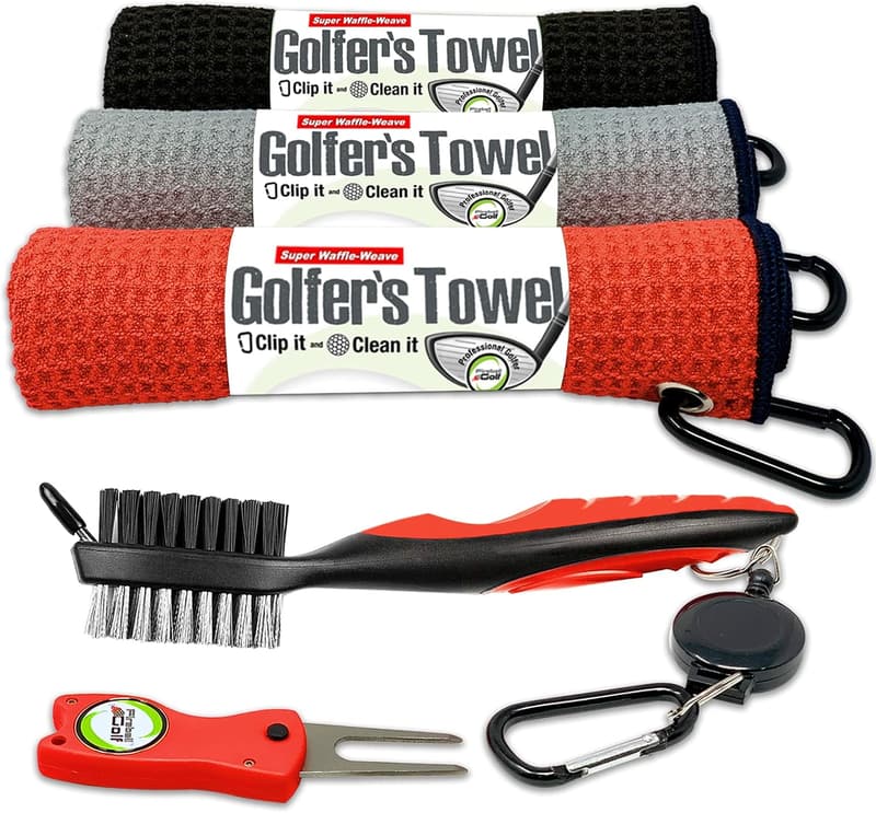 Golf Accessories Gift Set - 3 Towels, Divot Tool & Brush