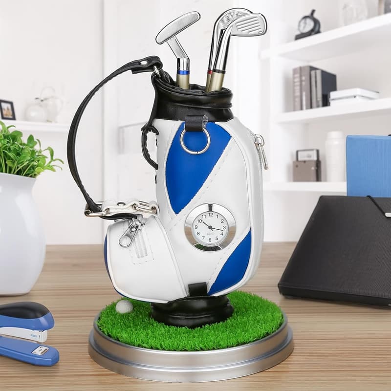 Golf Souvenir Gift Set – Mini Aluminum Desktop Pen Holder with Clock