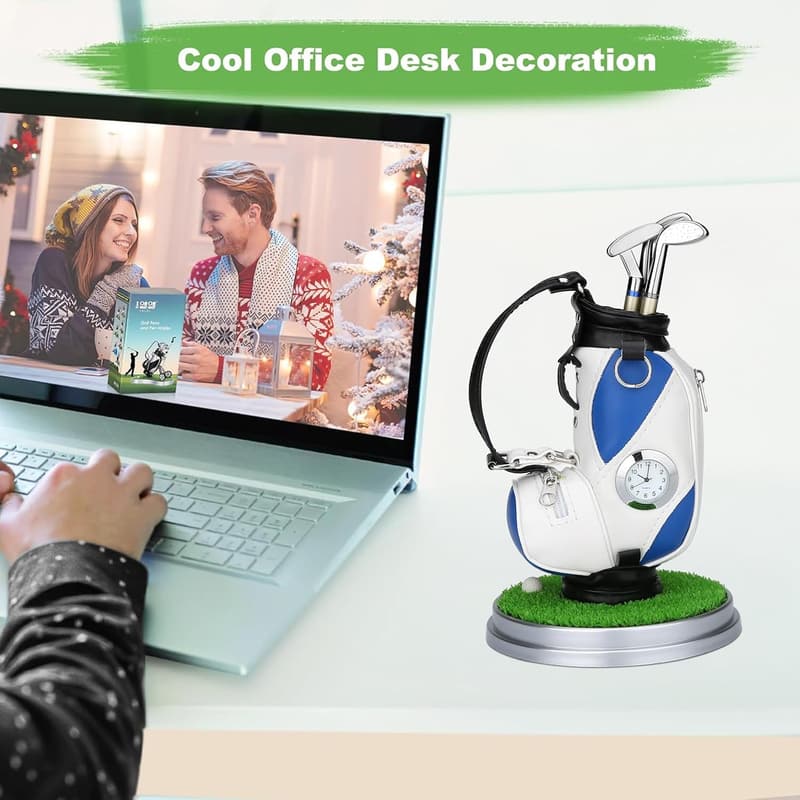 Golf Souvenir Gift Set – Mini Aluminum Desktop Pen Holder with Clock