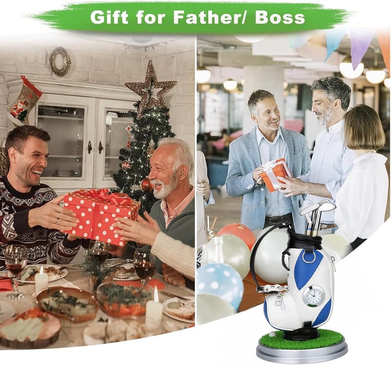 Golf Souvenir Gift Set – Mini Aluminum Desktop Pen Holder with Clock