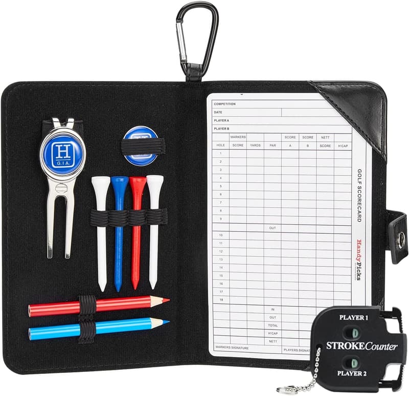 Genuine Leather Golf Scorecard Holder with Divot Tool & Accessories