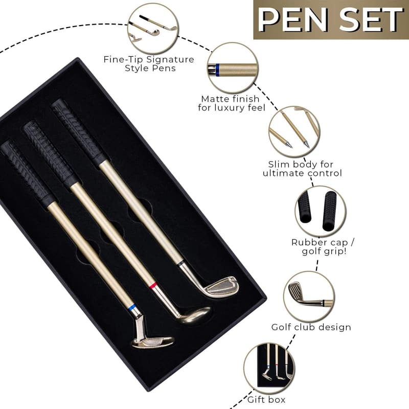 Golf Pen Set - 3 Mini Golf Club Pens - Unique Gifts for Dads