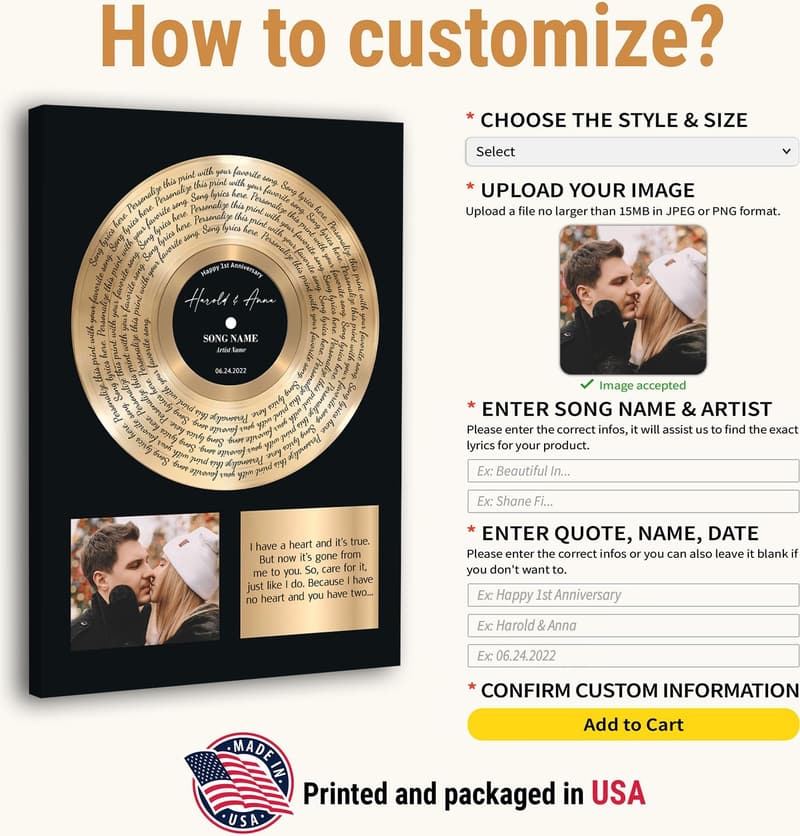 One Year Anniversary Custom Song Lyrics Canvas Art for Couples