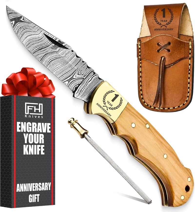 Paper Anniversary Personalized Damascus Pocket Knife with Sheath