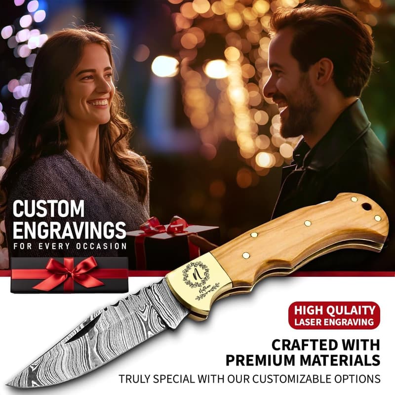 Paper Anniversary Personalized Damascus Pocket Knife with Sheath