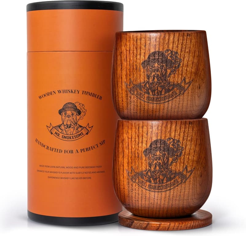 Whiskey Gifts for Men: Wooden Bourbon Glass Set with Coasters