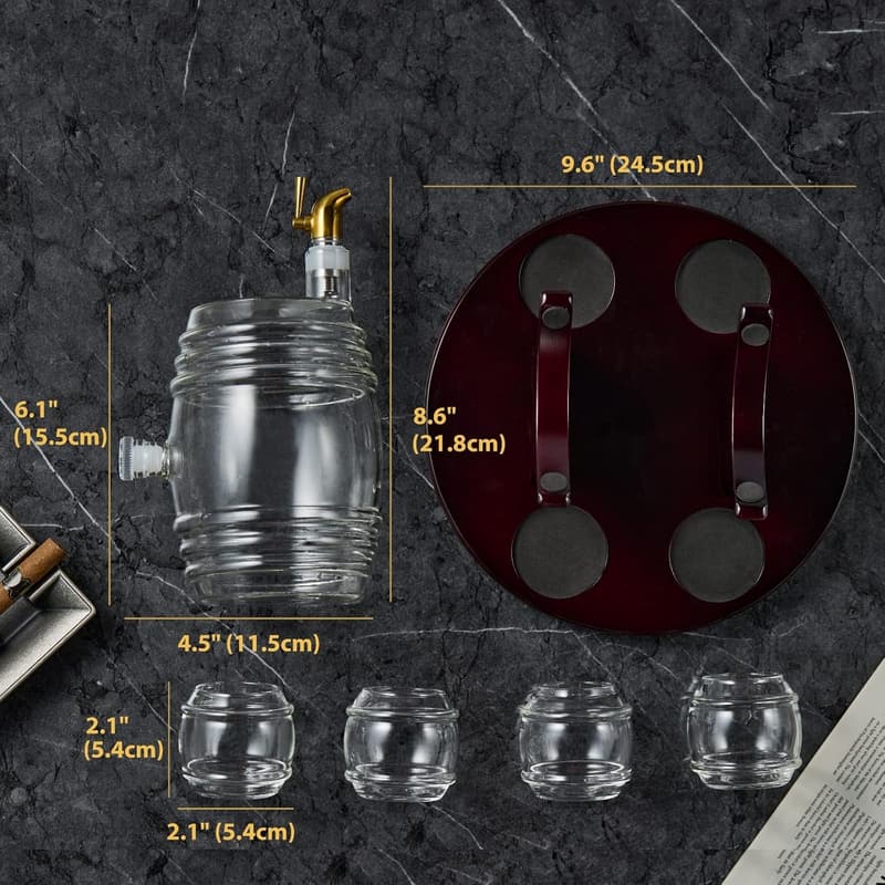 Unique Whiskey Barrel Decanter Set for Men – 1.3L with 4 Glasses