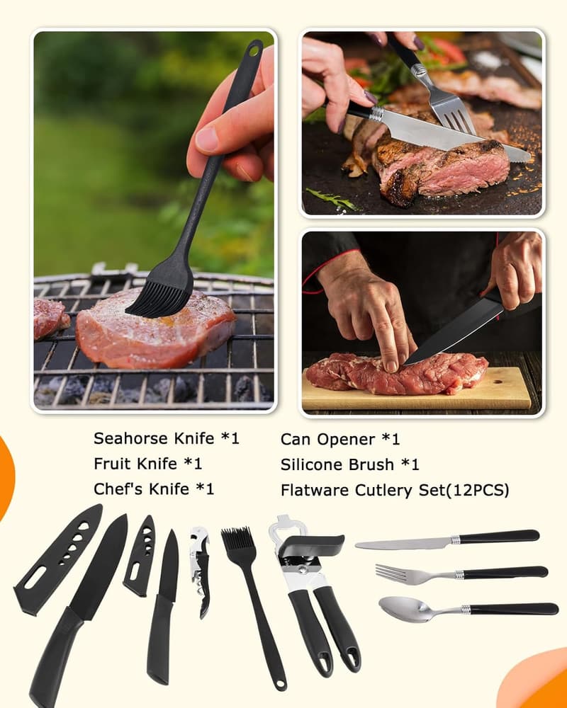 Camping Cooking Set - Stainless Steel & Silicone Utensil Kit