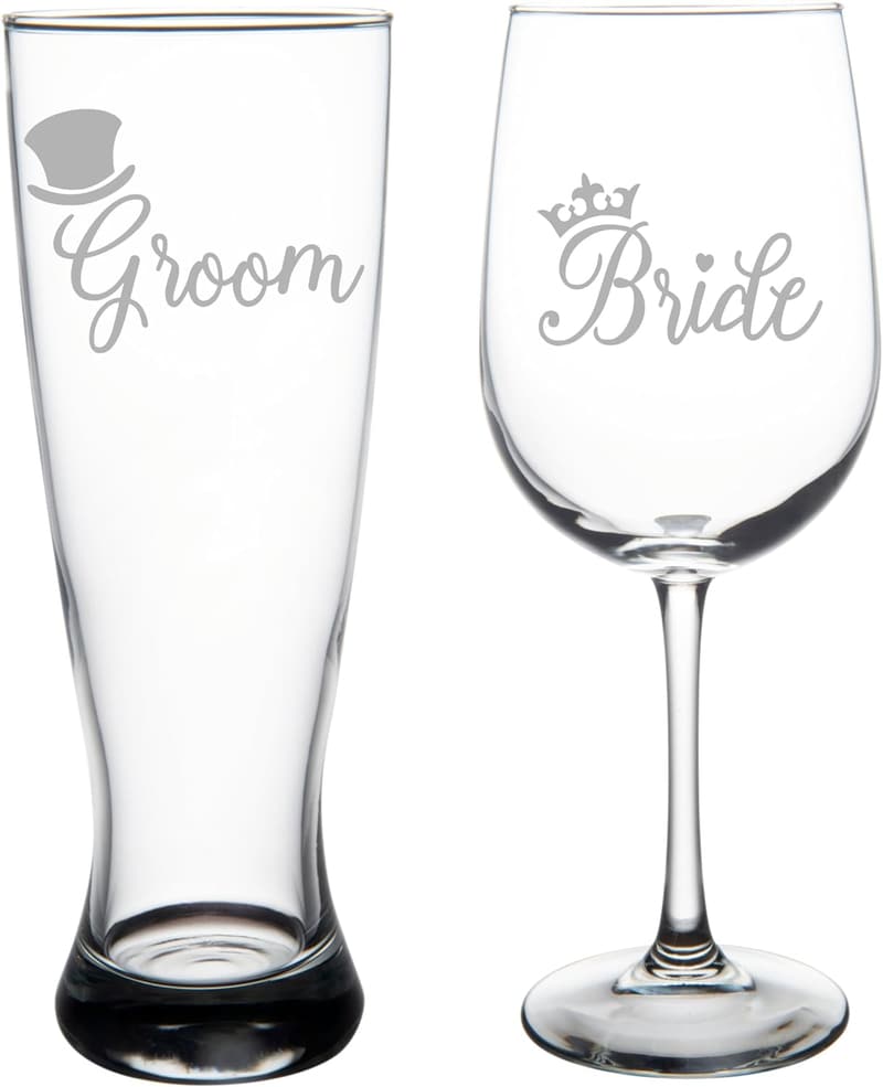 Wedding Couple Glass Set - Top Hat Groom & Crown Bride - 2 Pieces