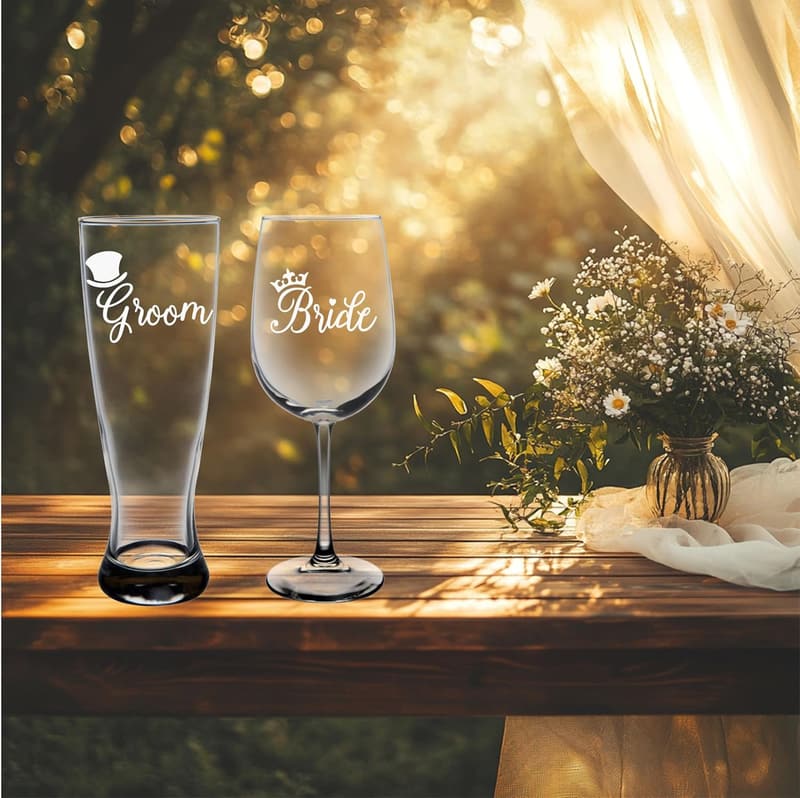 Wedding Couple Glass Set - Top Hat Groom & Crown Bride - 2 Pieces