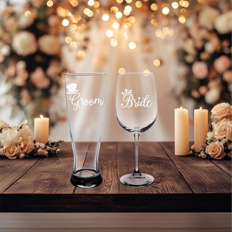Wedding Couple Glass Set - Top Hat Groom & Crown Bride - 2 Pieces