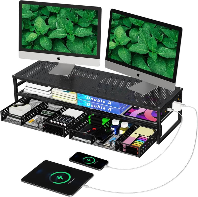 2-Tier Metal Monitor Stand Riser with USB Charging - Black