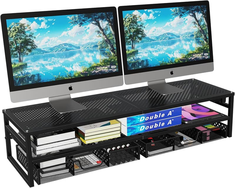 2-Tier Metal Monitor Stand Riser with USB Charging - Black