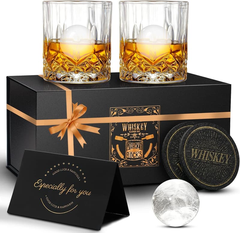 Whiskey Glass Set of 2 with Ice Ball Molds - 10 oz Tumblers