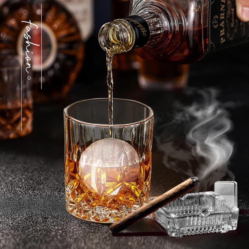 Whiskey Glass Set of 2 with Ice Ball Molds - 10 oz Tumblers