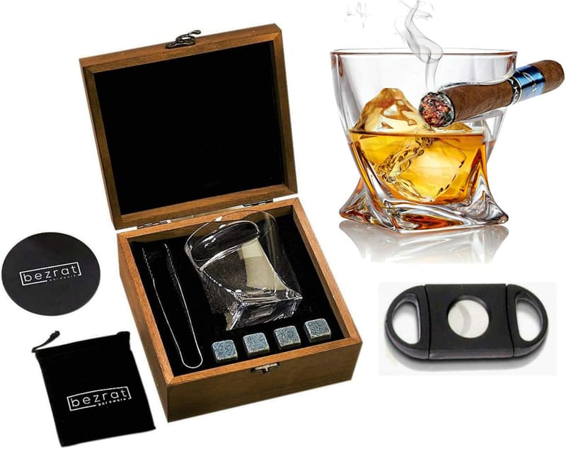 Father's Day Whiskey Glass & Cigar Holder Set with Chilling Stones