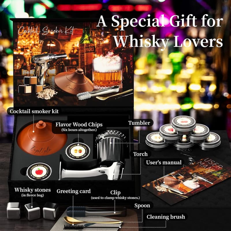 Whiskey Smoker Kit with Torch, Glass, & 6 Wood Chips - Gift for Husband
