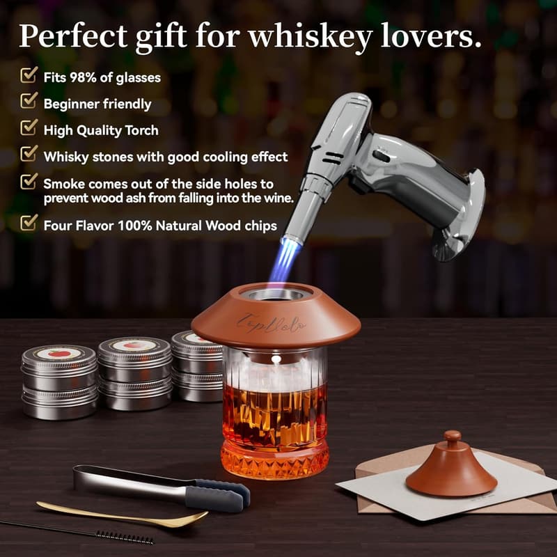 Whiskey Smoker Kit with Torch, Glass, & 6 Wood Chips - Gift for Husband