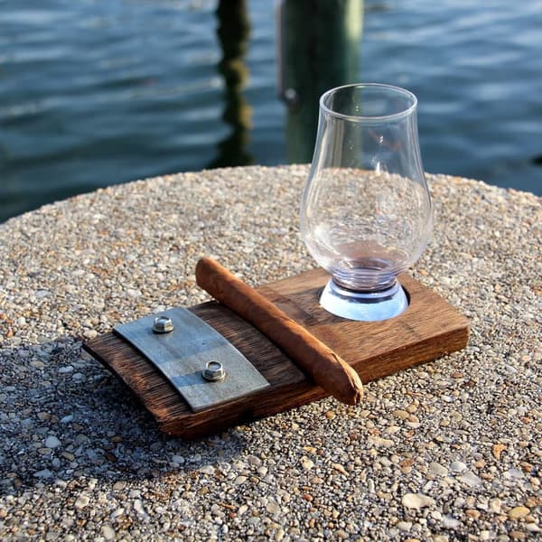 Dark Walnut Whiskey Coaster Set with Glencairn Glass & Cigar Holder