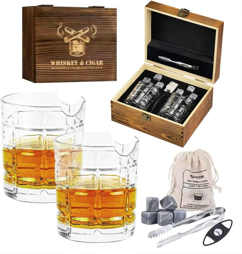 Whiskey Cigar Glass Set with Chilling Stones & Cutter - Gifts for Men