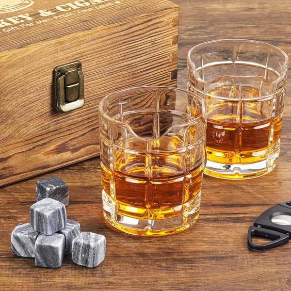 Whiskey Cigar Glass Set with Chilling Stones & Cutter - Gifts for Men