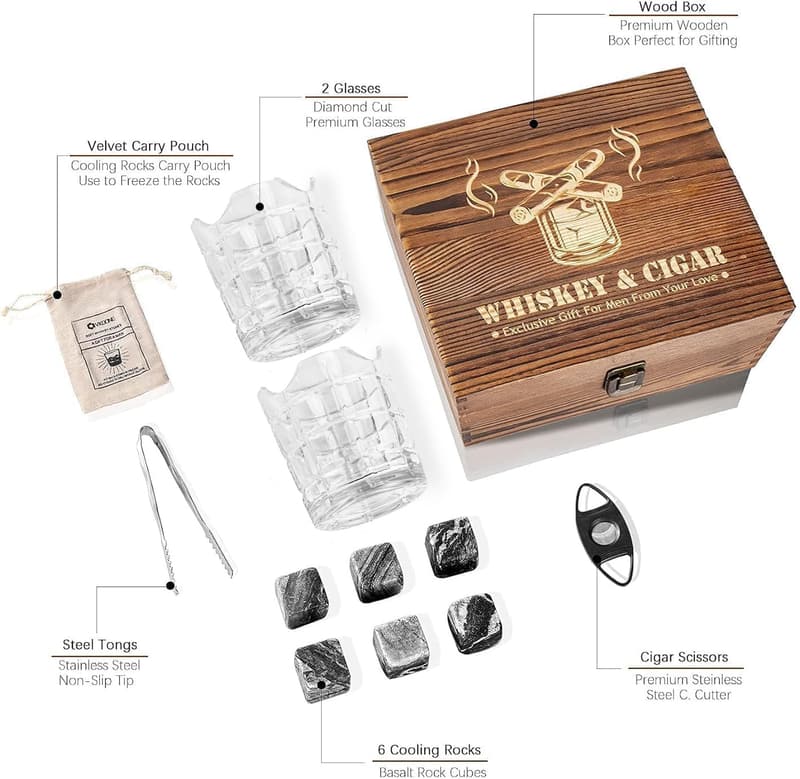 Whiskey Cigar Glass Set with Chilling Stones & Cutter - Gifts for Men