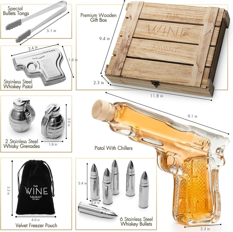 Whiskey Decanter Set with Bullet Chillers for Men - 9 oz