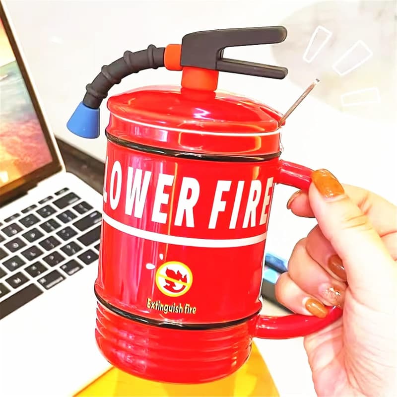 Cute Handmade Fire Extinguisher-Shaped Coffee Mug with Spoon