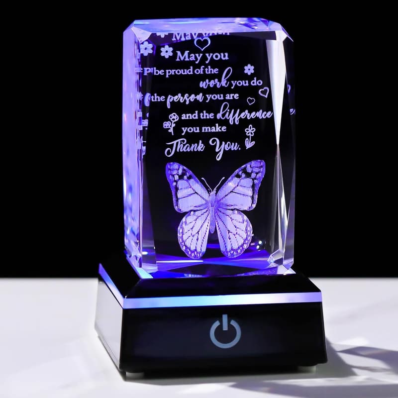 Teacher Appreciation 3D Crystal Butterfly Glass Plaque with LED Base