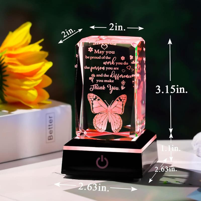 Teacher Appreciation 3D Crystal Butterfly Glass Plaque with LED Base