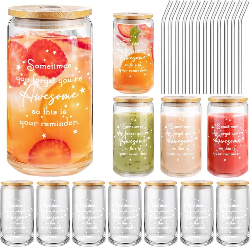Employee Appreciation Glass Cups with Bamboo Lids - 12-Pack