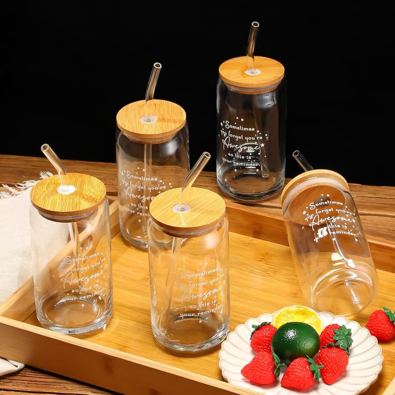 Employee Appreciation Glass Cups with Bamboo Lids - 12-Pack