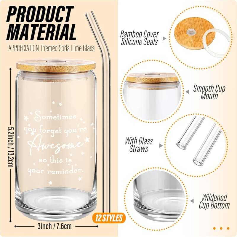Employee Appreciation Glass Cups with Bamboo Lids - 12-Pack