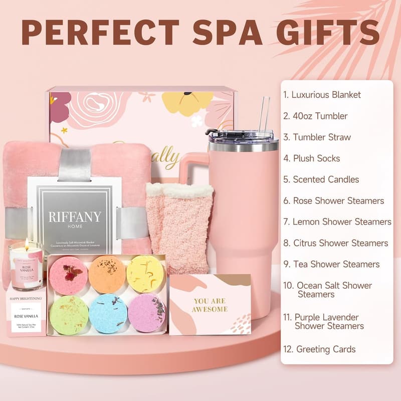 Relaxing Spa Set Gift Basket for Women with Blanket & Tumbler