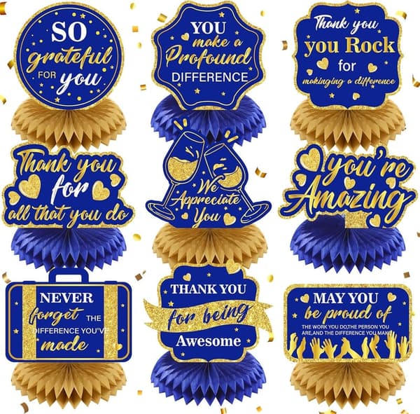Navy Blue & Gold Thank You Honeycomb Centerpieces - 9 Pcs