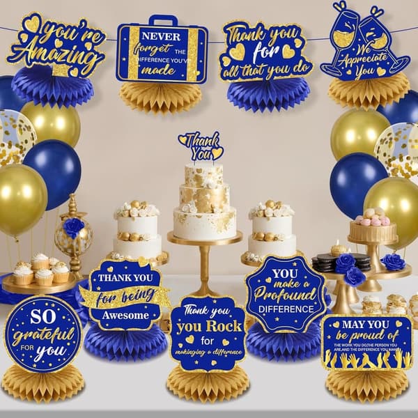 Navy Blue & Gold Thank You Honeycomb Centerpieces - 9 Pcs
