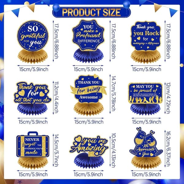 Navy Blue & Gold Thank You Honeycomb Centerpieces - 9 Pcs