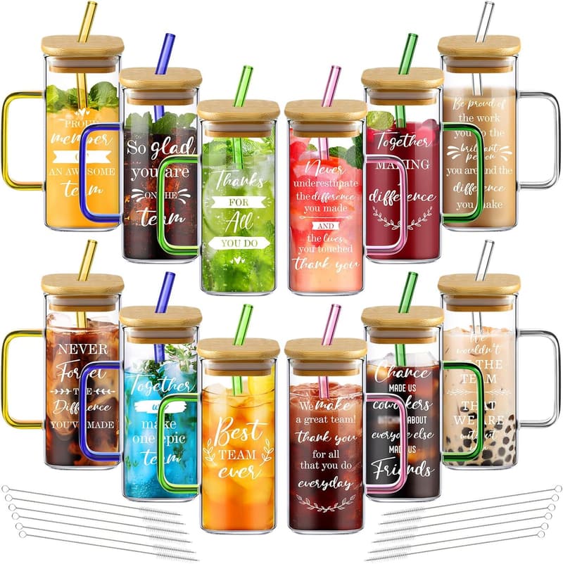 Team Appreciation Glass Cups Set with Lids & Straws - 12 Pcs