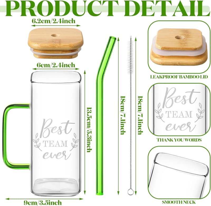 Team Appreciation Glass Cups Set with Lids & Straws - 12 Pcs