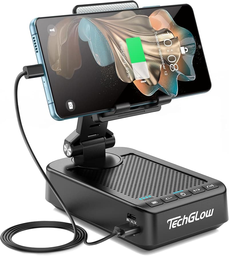 TechGlow Rotatable Cellphone Stand with Bluetooth Speaker & Power Bank