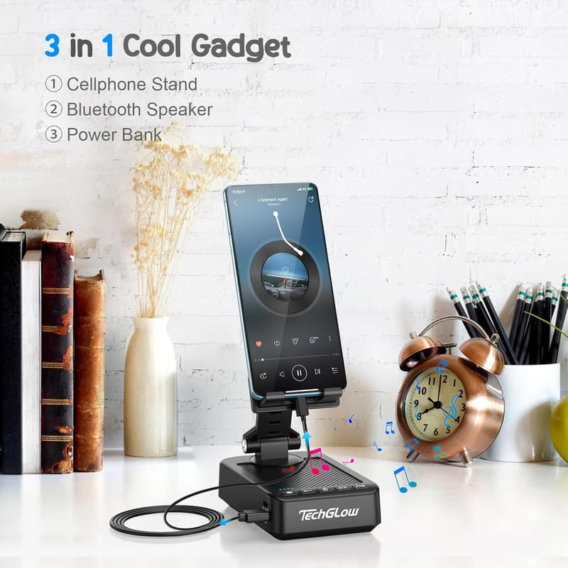 TechGlow Rotatable Cellphone Stand with Bluetooth Speaker & Power Bank