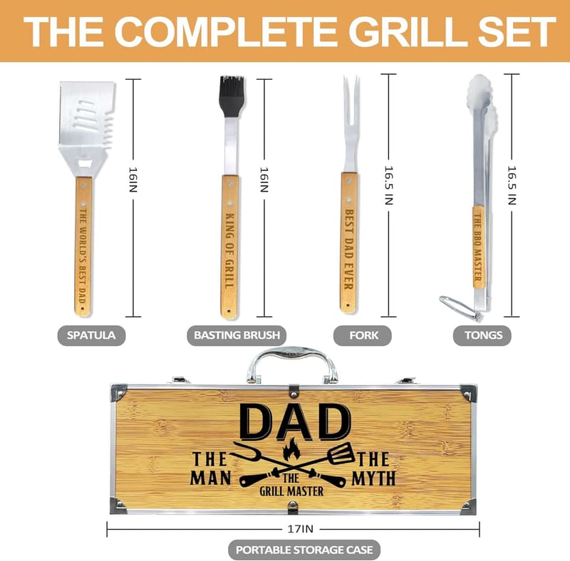 Father's Day BBQ Grilling Tool Set – Heavy-Duty Wooden Utensils