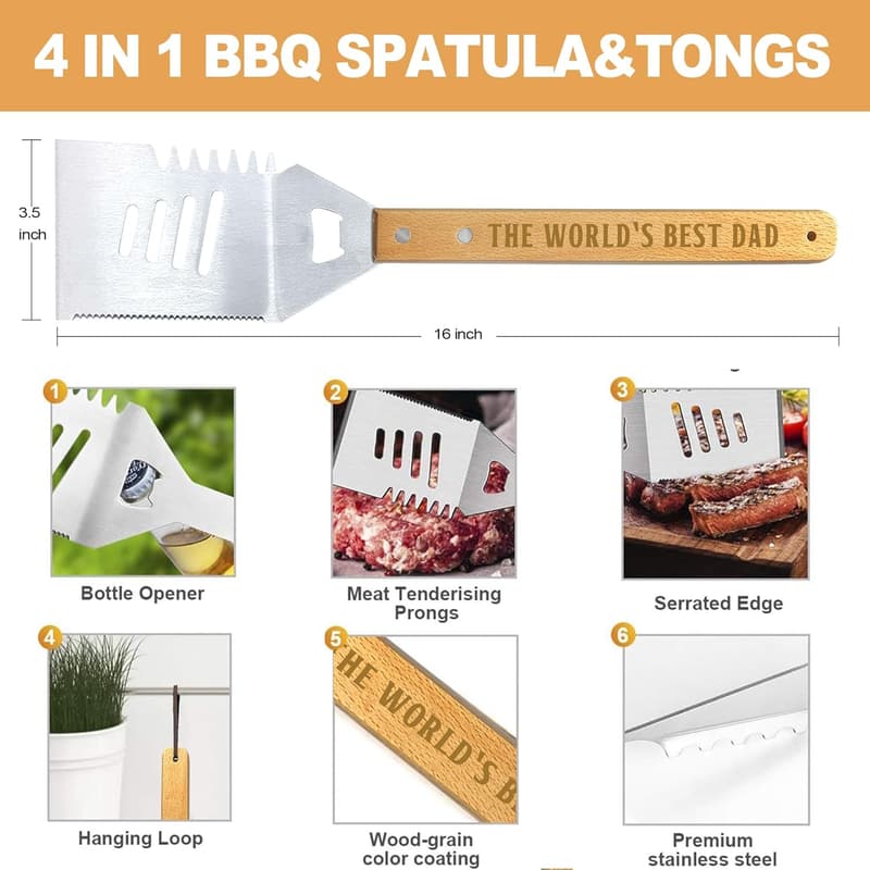 Father's Day BBQ Grilling Tool Set – Heavy-Duty Wooden Utensils